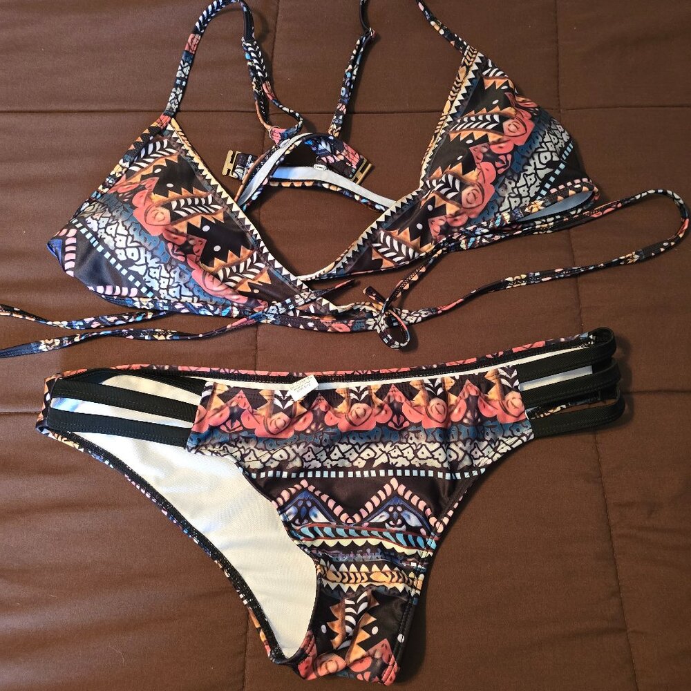 Tribal Print Two-Piece Bikini Set - Multi-Color Geometric Pattern - Size XL